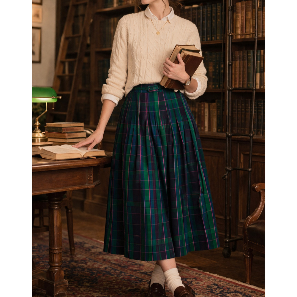 Free Assembly Plaid Midi Skirt Size XS Green Navy Cotton Belted Pleated Academia